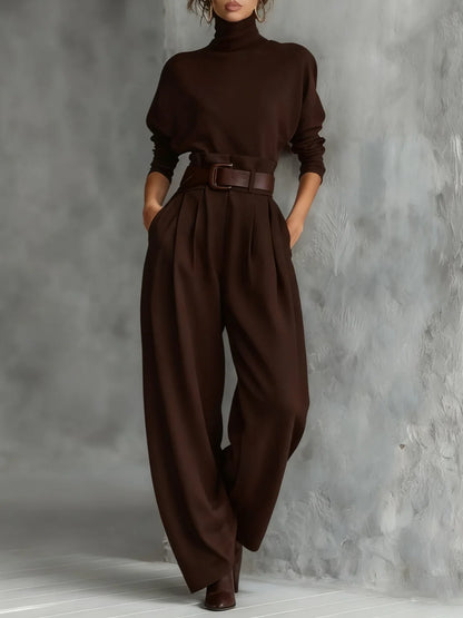 High-Neck Top and Wide-Leg Pant Set with Belt