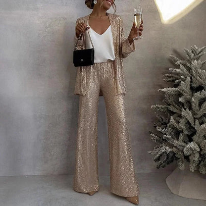 Sequin Blazer and Wide-Leg Pant Set