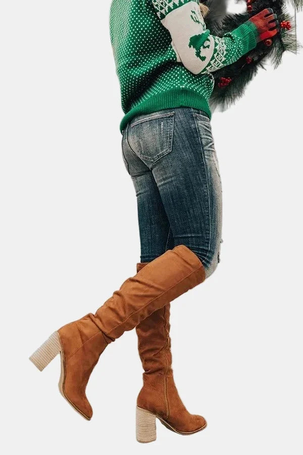 Ruched Block Heel Knee-High Boots
