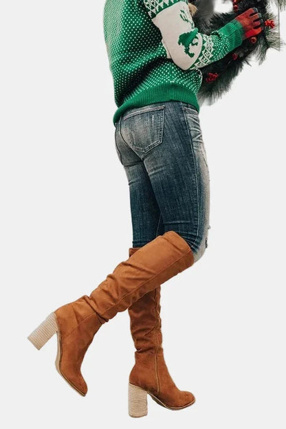 Ruched Block Heel Knee-High Boots