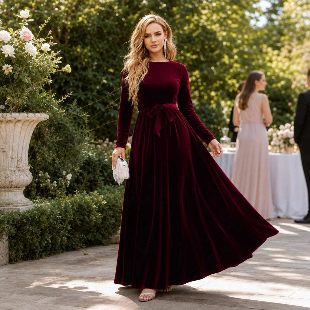 Belted Velvet A-Line Maxi Dress with Long Sleeves