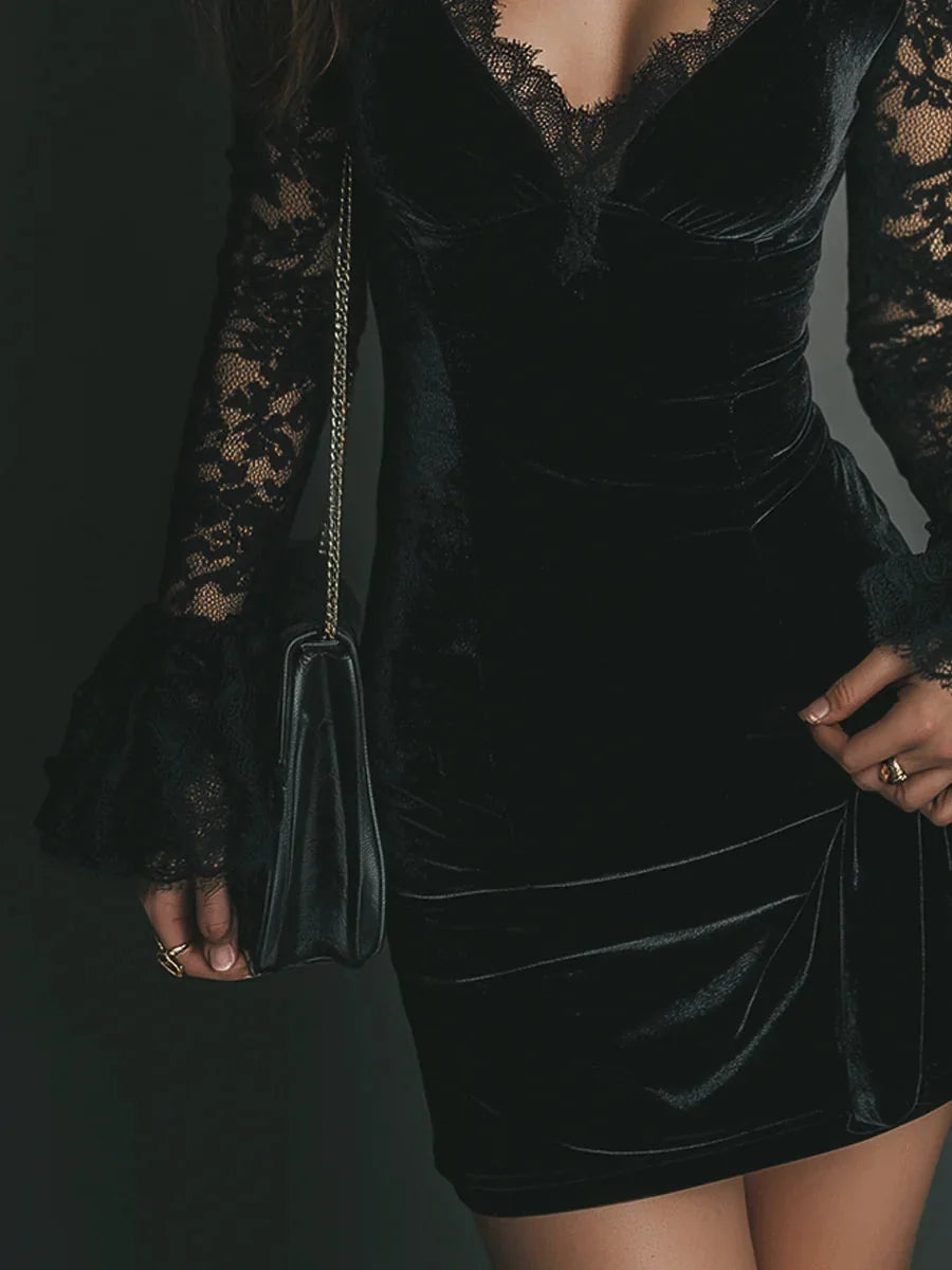 Velvet Lace Long Sleeve Cocktail Dress
