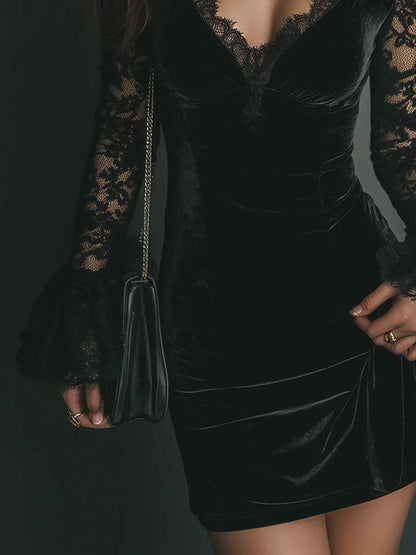 Velvet Lace Long Sleeve Cocktail Dress