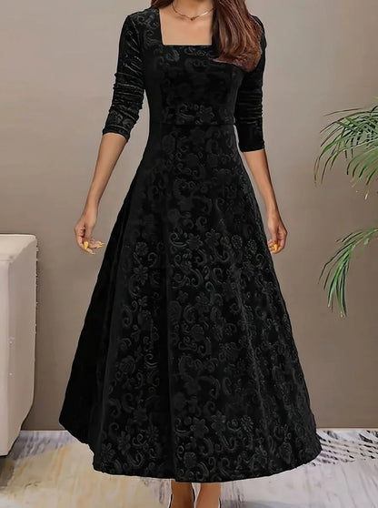 Velvet Square-Neck Floral Embossed A-Line Party Dress