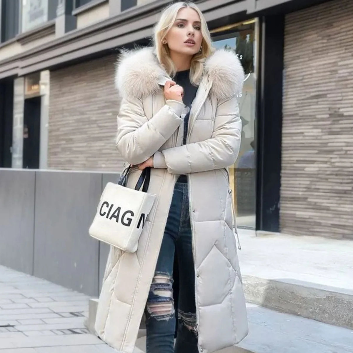 Long Hooded Puffer Coat – Black Faux Fur Trim