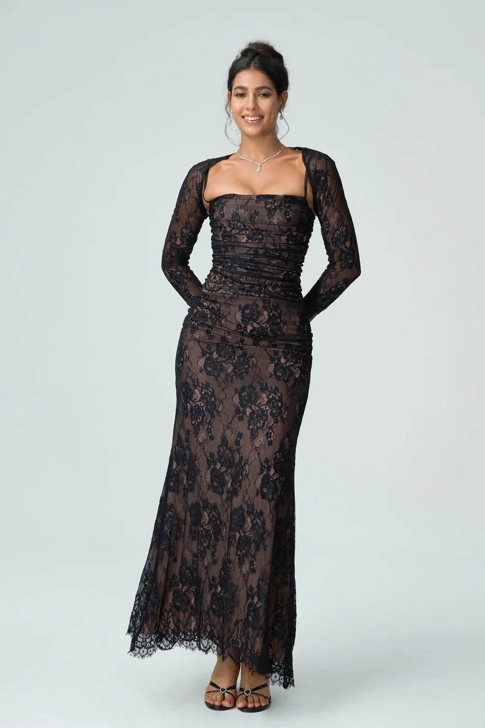 Lace Maxi Dress – Black Long Sleeve Square Neck