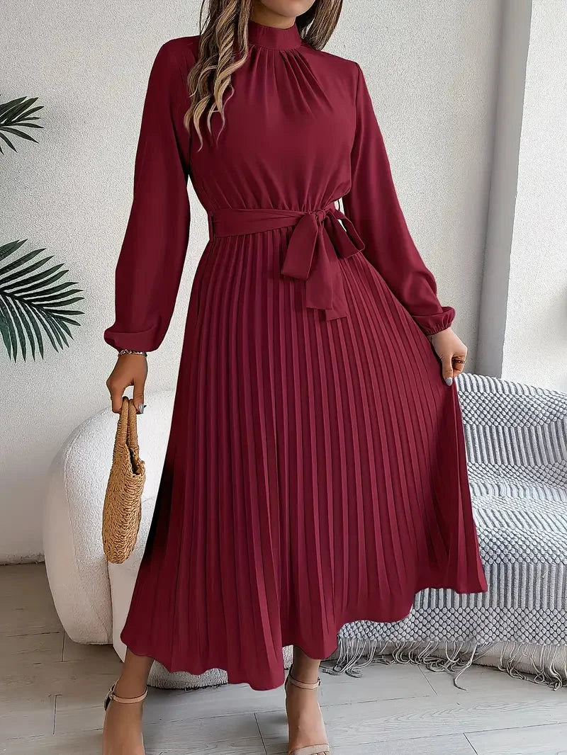 Long Sleeve Pleated Belted Dress