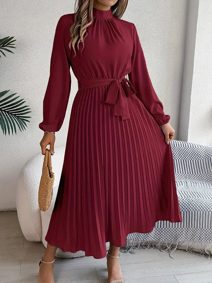 Long Sleeve Pleated Belted Dress