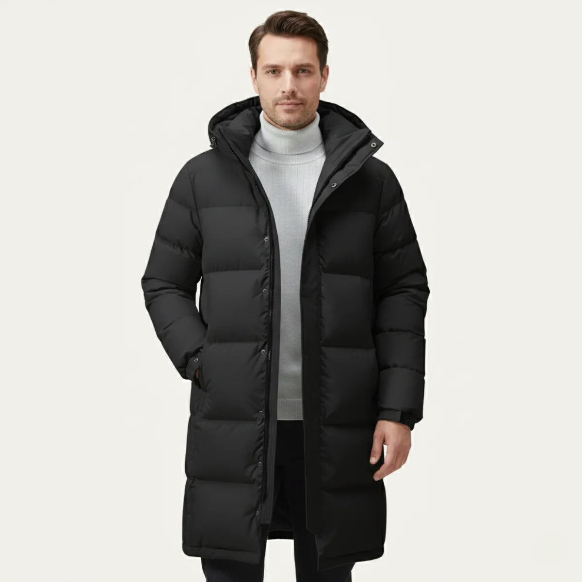 Men's Hooded Puffer Jacket – White Quilted Longline