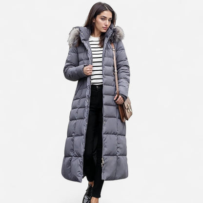 Long Puffer Coat with Faux Fur Hood