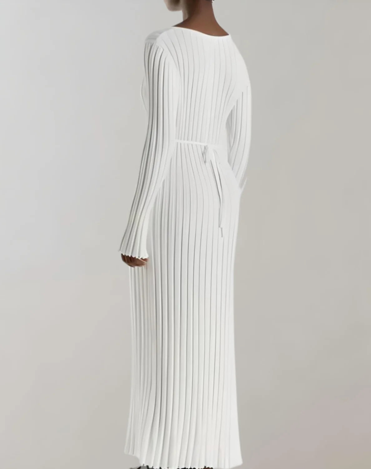Sweater Dress – White V-Neck Ribbed Maxi