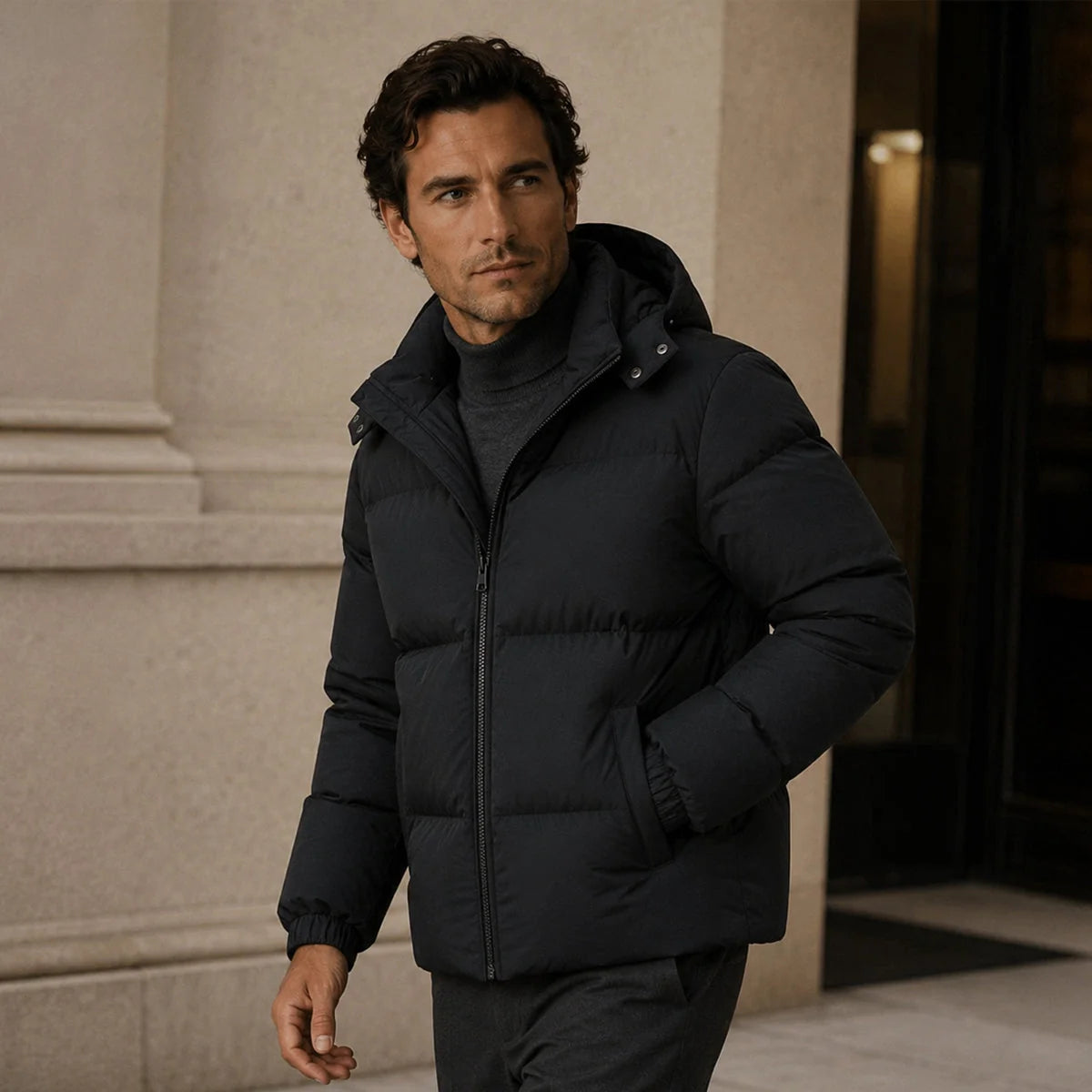 Men's Puffer Jacket – Black Hooded Insulated