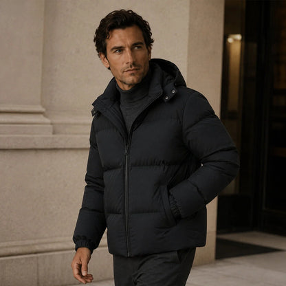 Men's Puffer Jacket – Black Hooded Insulated