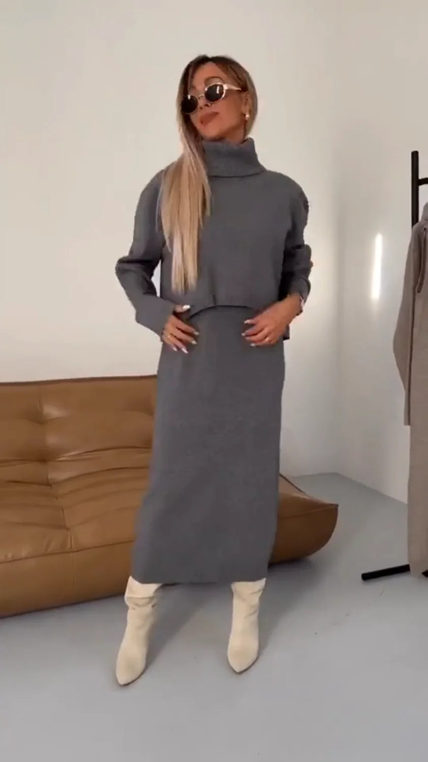 Sweater Dress – Beige Turtleneck Two-Piece Midi