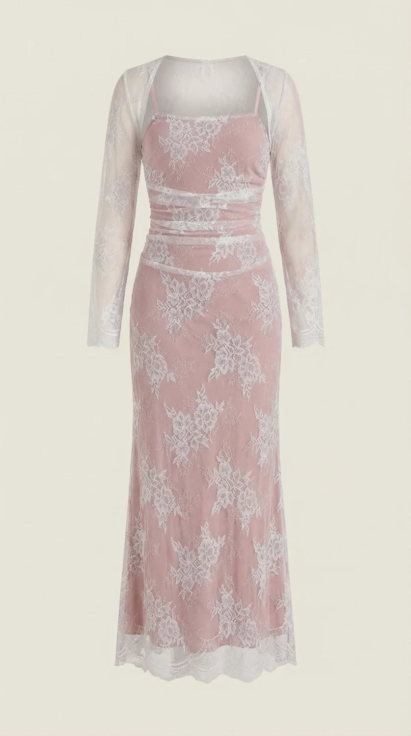 Lace Maxi Dress – Ivory White Long Sleeve Square Neck