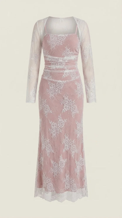 Lace Maxi Dress – Ivory White Long Sleeve Square Neck