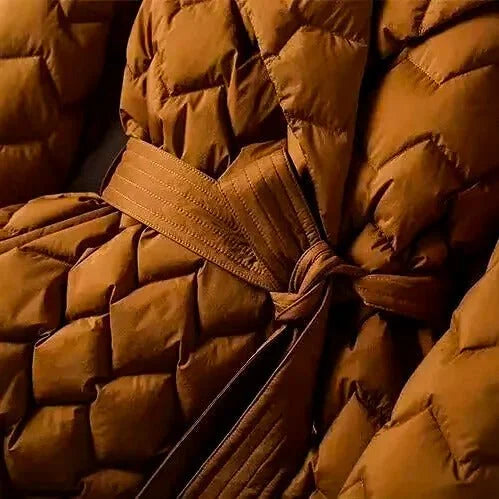 Women's Belted Quilted Puffer Coat with Shawl Collar