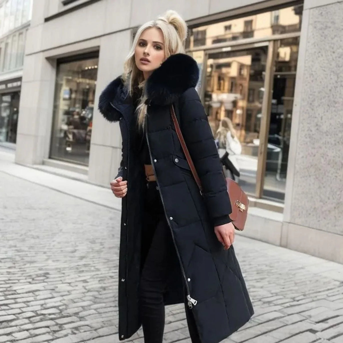 Long Hooded Puffer Coat – Black Faux Fur Trim