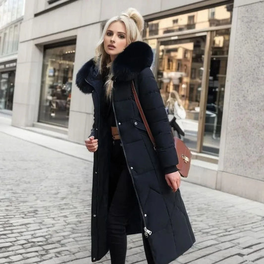 Long Hooded Puffer Coat – Black Faux Fur Trim