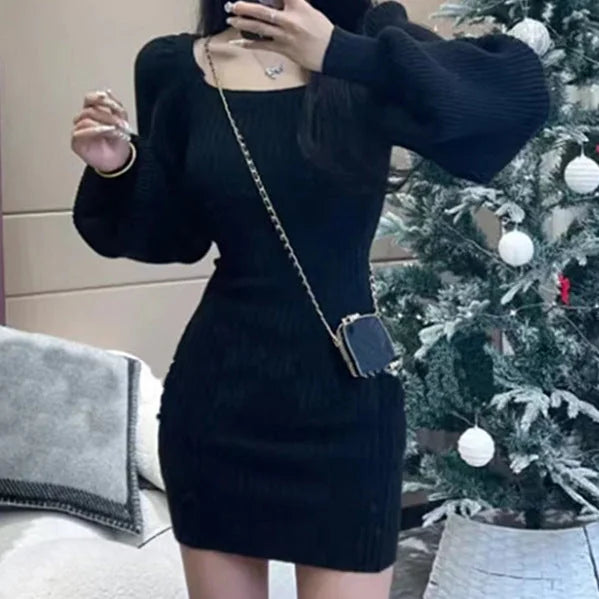 Sweater Dress – Red Puff Sleeve Square Neck