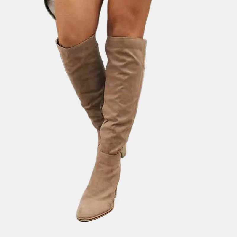Ruched Block Heel Knee-High Boots