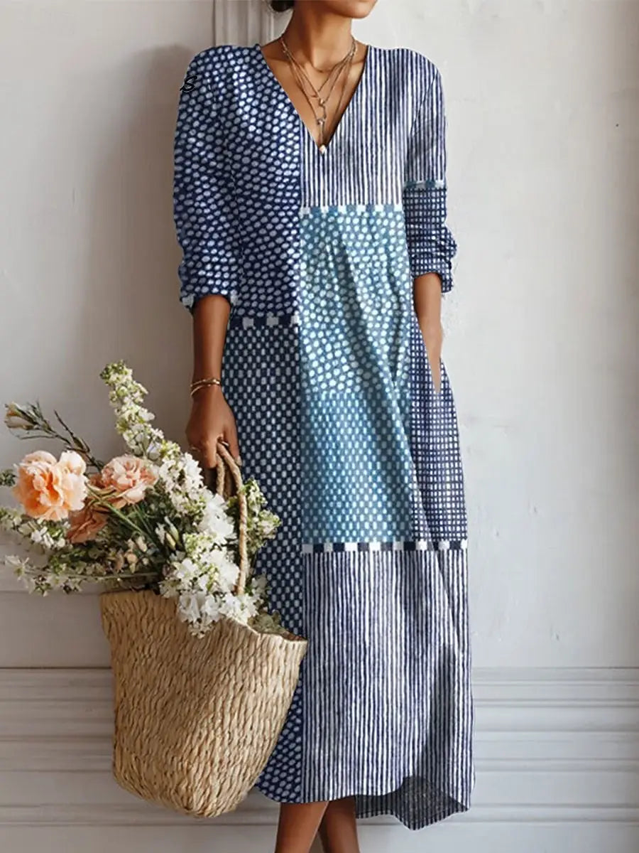 Floral Long Sleeve Midi Dress with V-Neck