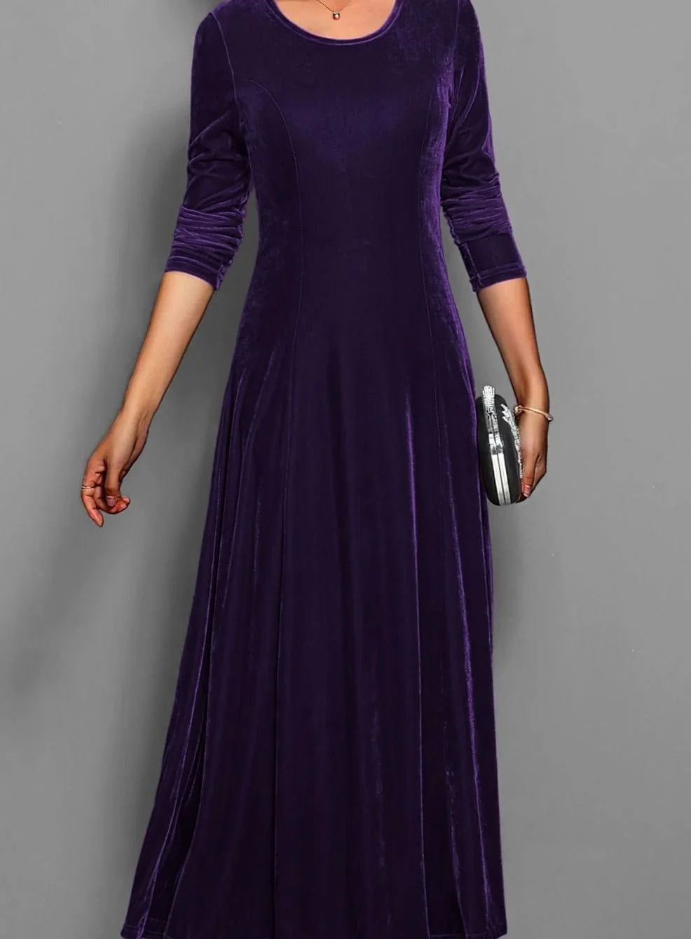 Velvet Maxi Dress – Red Long Sleeve Round Neck