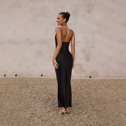 Wedding Guest Dress – Black Cowl Neck Satin Maxi