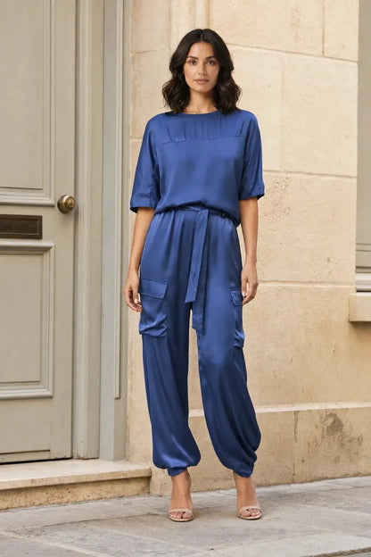 Satin Cargo Pants Set Two Piece