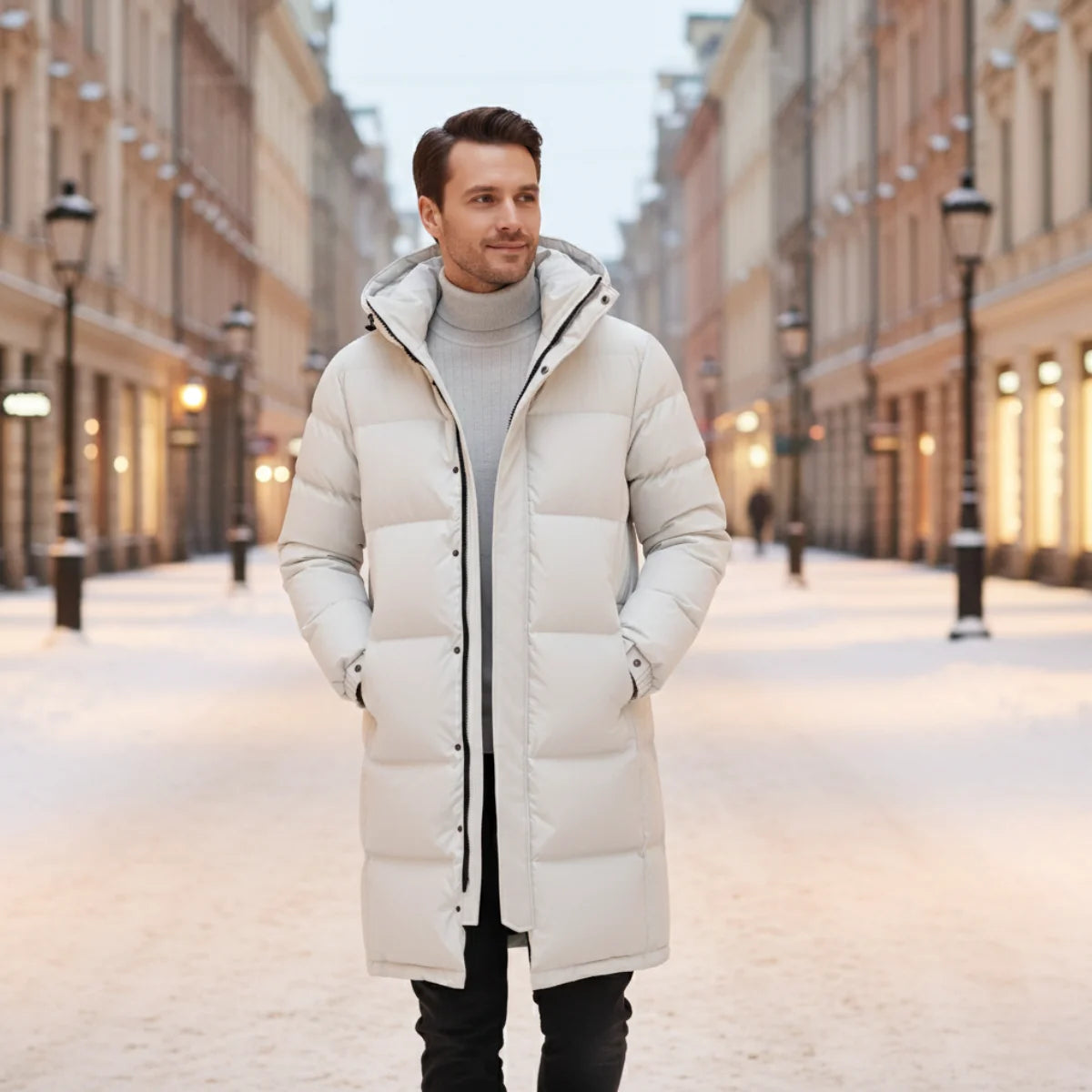 Men's Hooded Puffer Jacket – White Quilted Longline