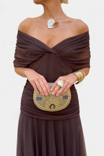 Off Shoulder Midi Dress Draped Wrap Bodice
