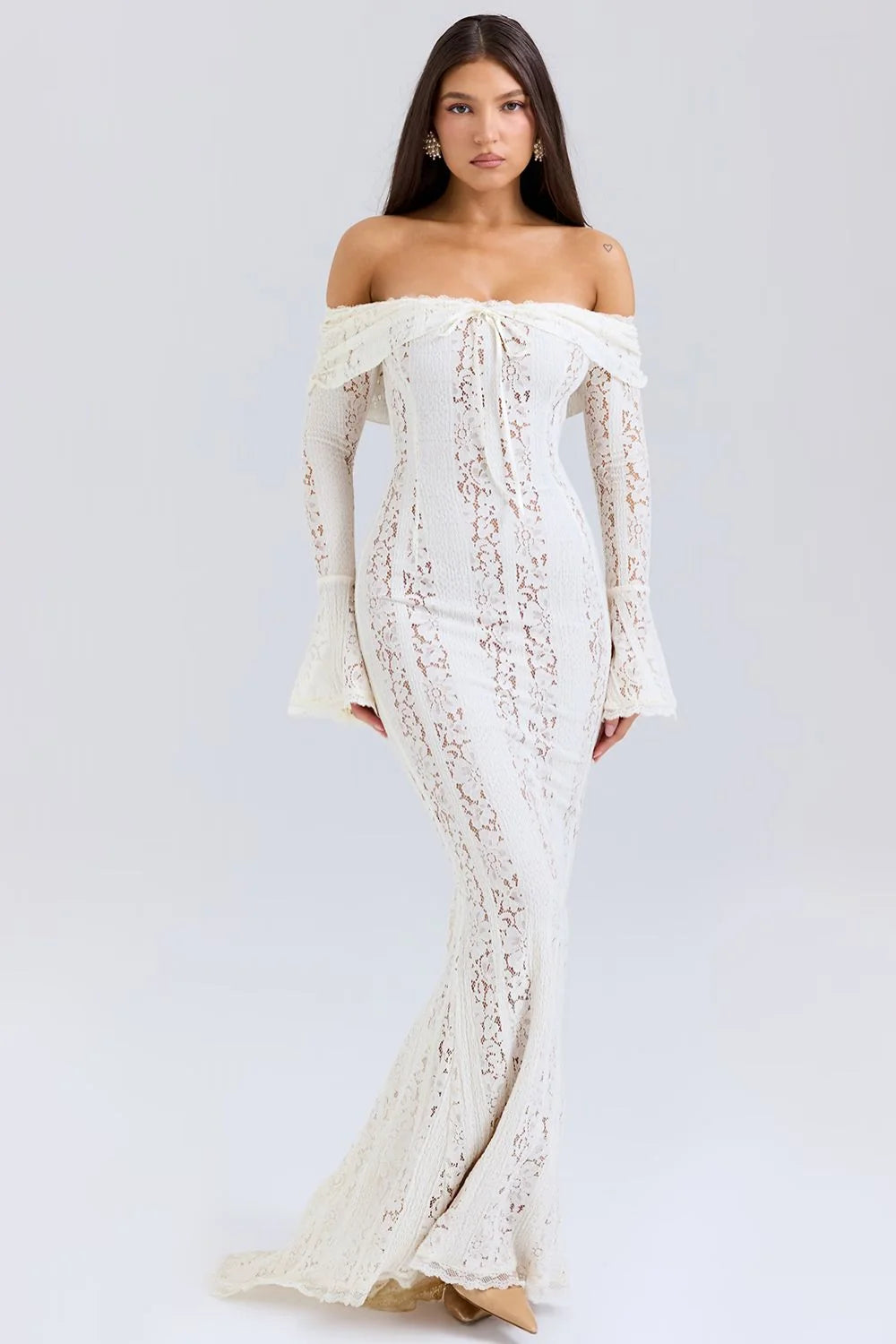 Lace Maxi Dress – Black Off-Shoulder Bell Sleeve