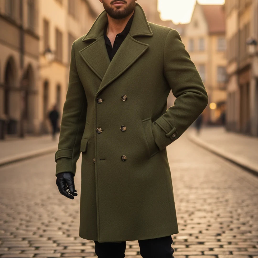 Men's Wool Coat – Blue Double-Breasted Longline