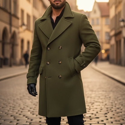 Men's Wool Coat – Blue Double-Breasted Longline