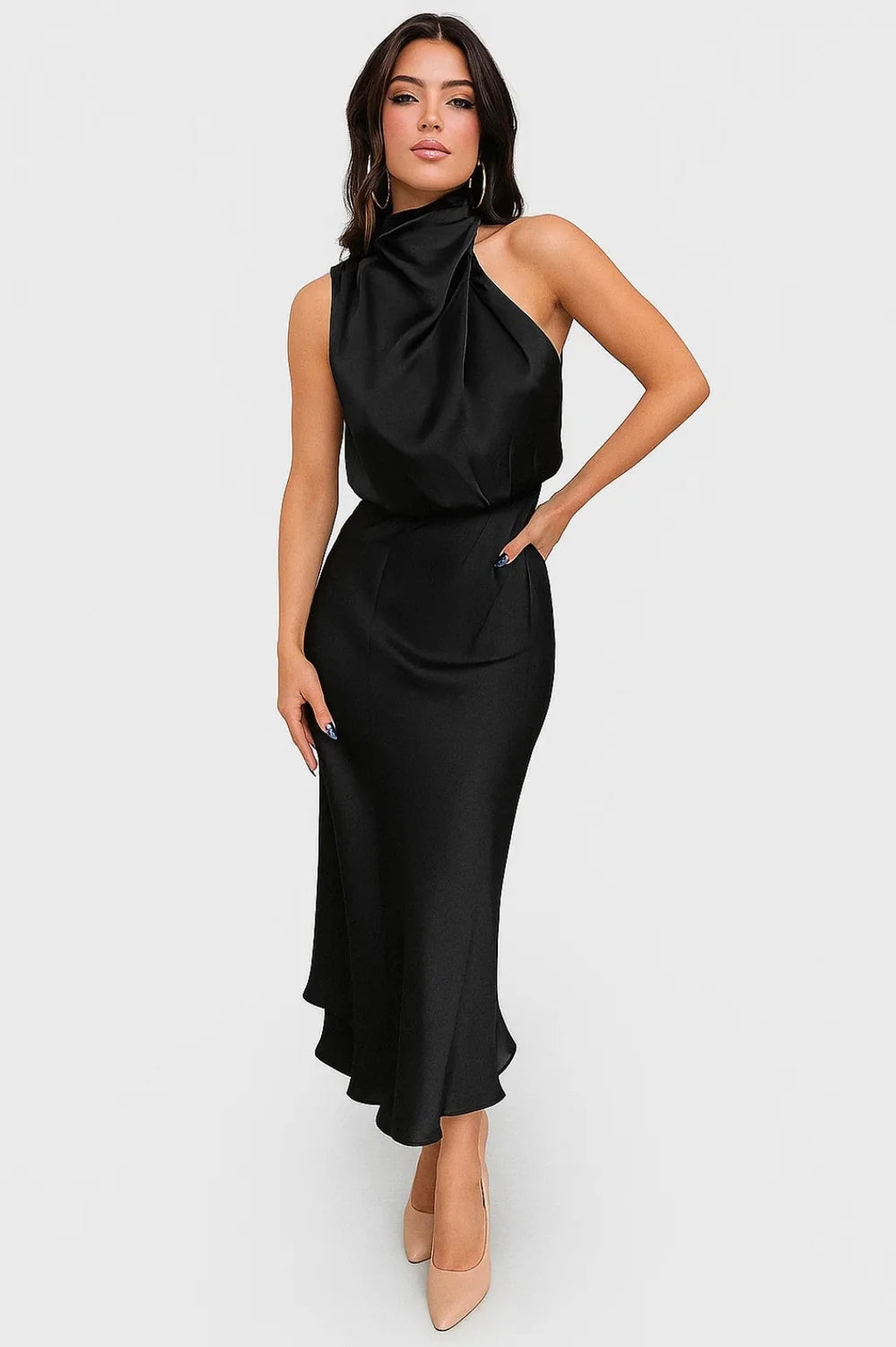 Wedding Guest Dress – Dark Red Halter Satin Maxi