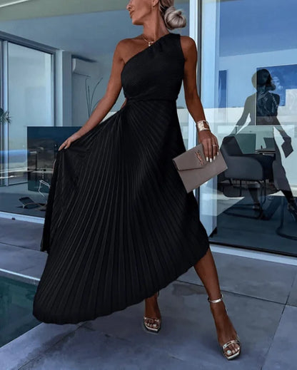 Wedding Guest Dress – Red One-Shoulder Pleated Maxi