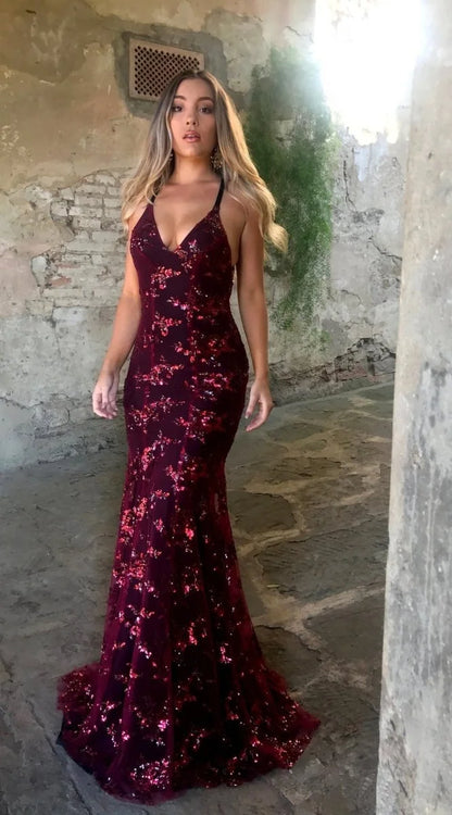 Sequin Dress – Navy Strappy Floor-Length