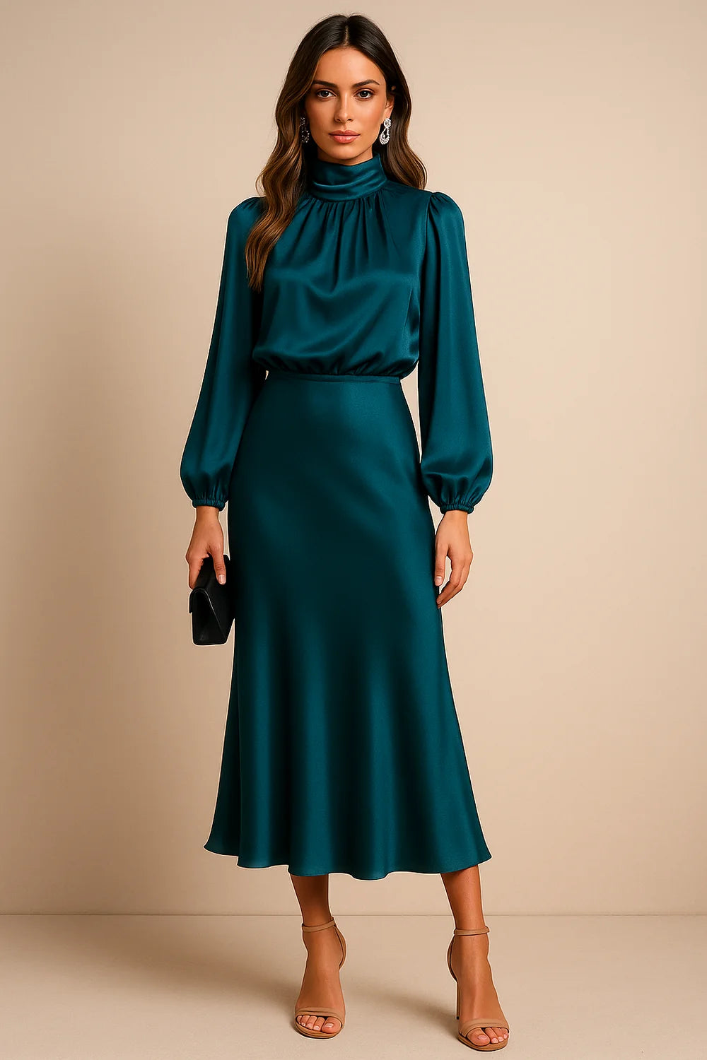 Wedding Guest Dress – Black Roll Neck Satin Midi