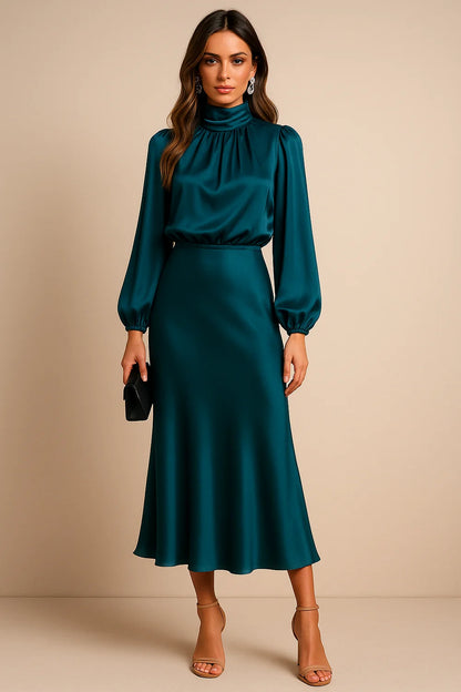Wedding Guest Dress – Black Roll Neck Satin Midi