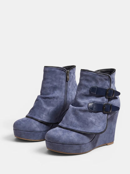 Wedge Ankle Boots Side Zip Double Buckle