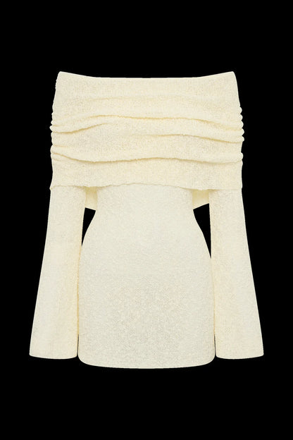 Sweater Dress – White Off-Shoulder Fitted Mini
