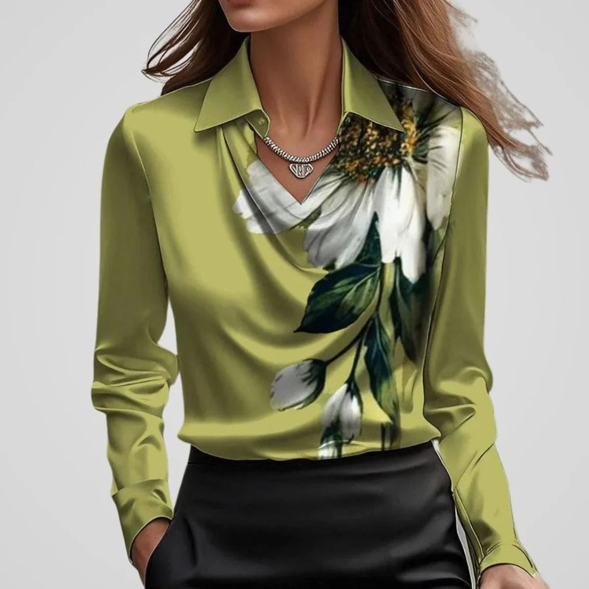 Elegant Cowl-Neck Long-Sleeve Satin Blouse