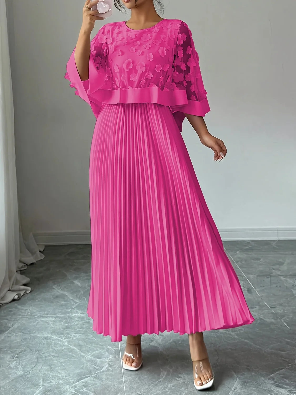 Maxi Dress 3D Floral Appliqué Pleated Wedding Guest