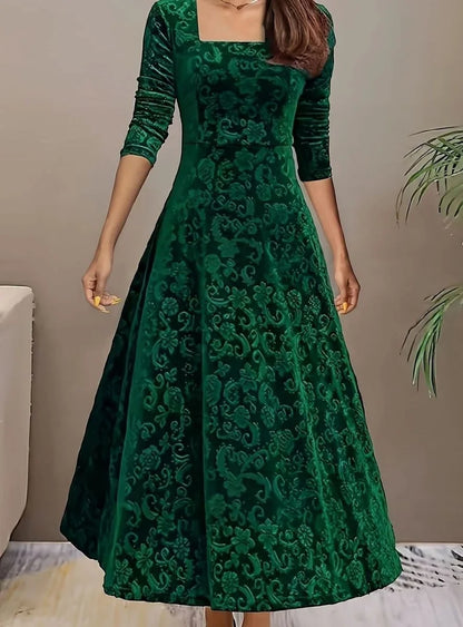 Velvet Square-Neck Floral Embossed A-Line Party Dress