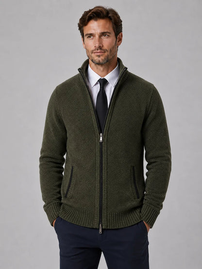 Men's Full Zip Knit Cardigan – Funnel Neck Textured Jumper