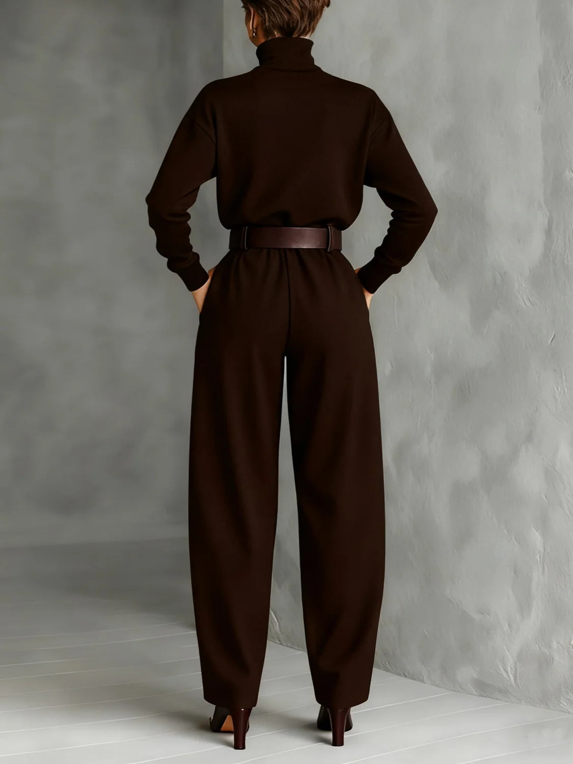 High-Neck Top and Wide-Leg Pant Set with Belt