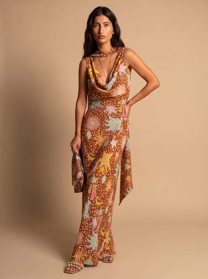 Cowl Neck Halter Maxi Dress Detachable Scarf Celestial Print
