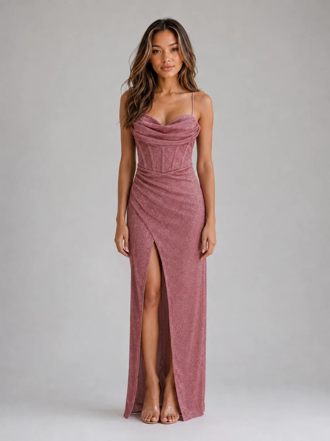 Stella | Glitter Corset Maxi Dress Cowl Neck