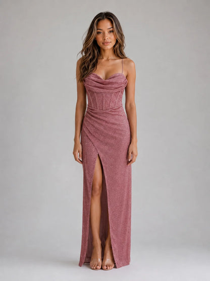 Stella | Glitter Corset Maxi Dress Cowl Neck