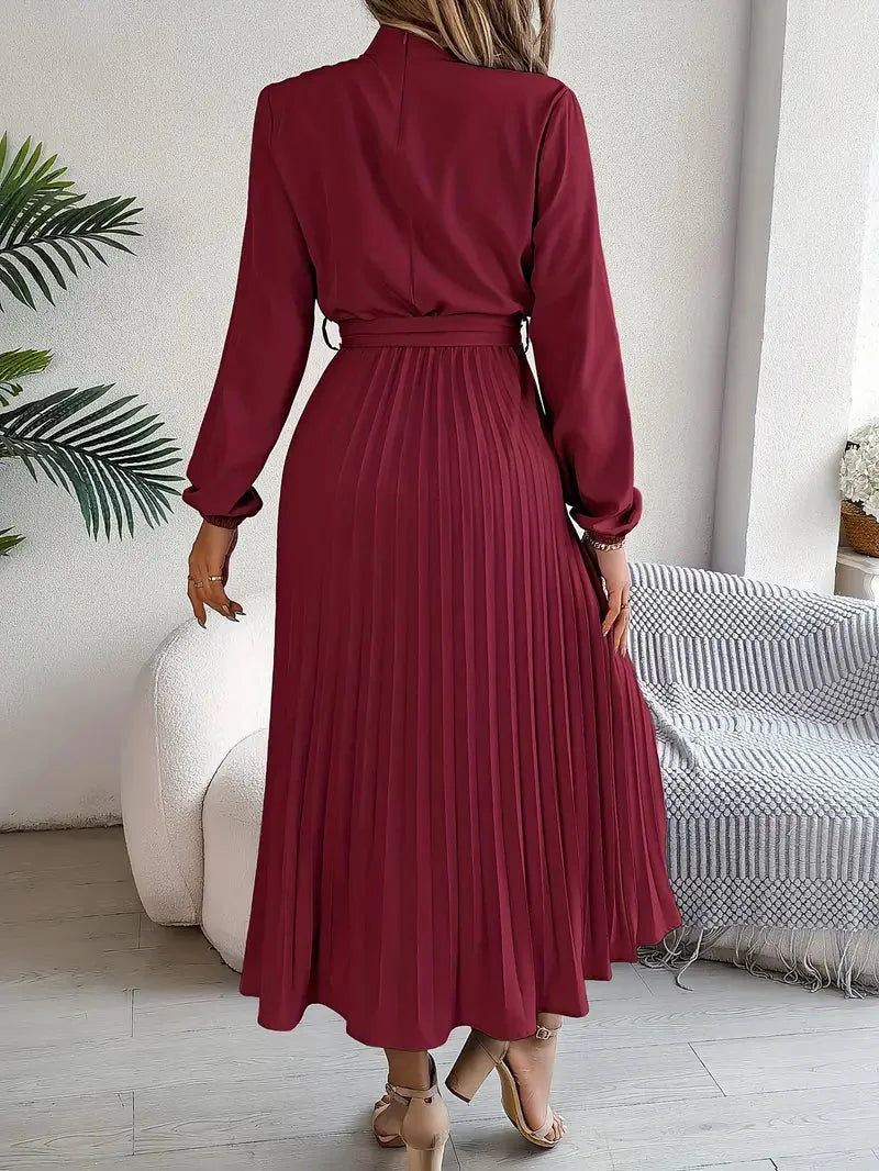 Long Sleeve Pleated Belted Dress